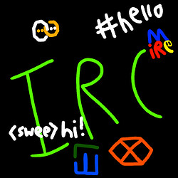 An illustration of IRC, with logos of several clients, the channel syntax, and the usual formatting of a message.